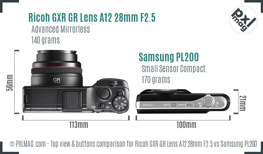 Ricoh GXR GR Lens A12 28mm F2.5 vs Samsung PL200 top view buttons comparison