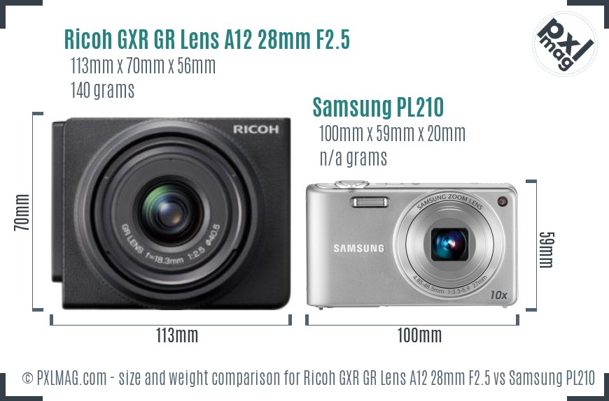 Ricoh GXR GR Lens A12 28mm F2.5 vs Samsung PL210 size comparison