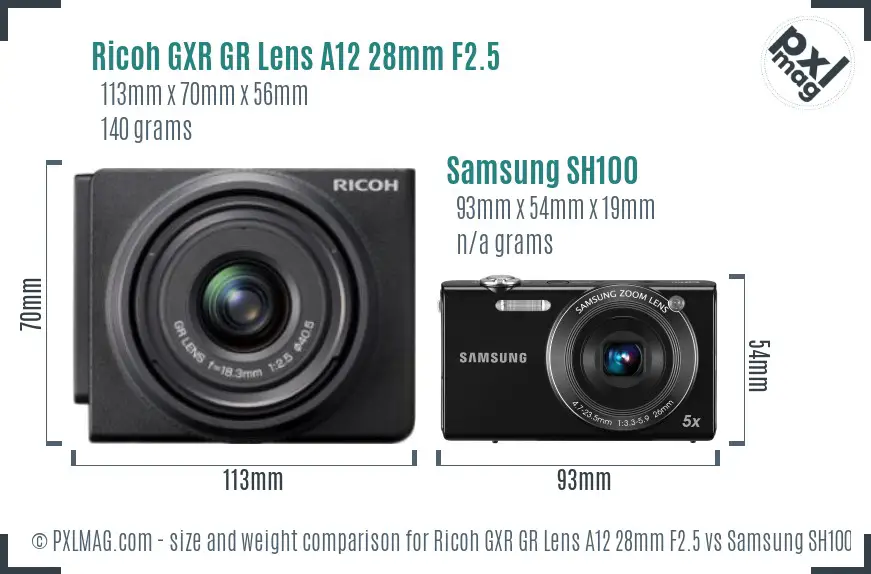 Ricoh GXR GR Lens A12 28mm F2.5 vs Samsung SH100 size comparison
