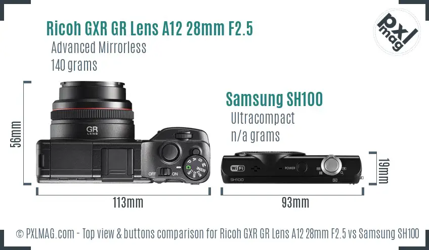 Ricoh GXR GR Lens A12 28mm F2.5 vs Samsung SH100 top view buttons comparison