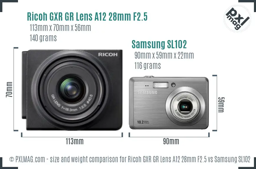 Ricoh GXR GR Lens A12 28mm F2.5 vs Samsung SL102 size comparison