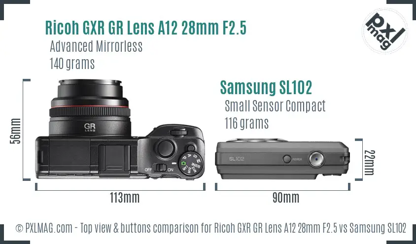 Ricoh GXR GR Lens A12 28mm F2.5 vs Samsung SL102 top view buttons comparison