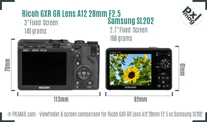 Ricoh GXR GR Lens A12 28mm F2.5 vs Samsung SL202 Screen and Viewfinder comparison