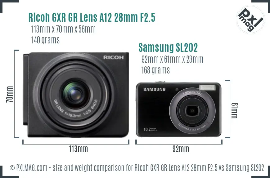 Ricoh GXR GR Lens A12 28mm F2.5 vs Samsung SL202 size comparison