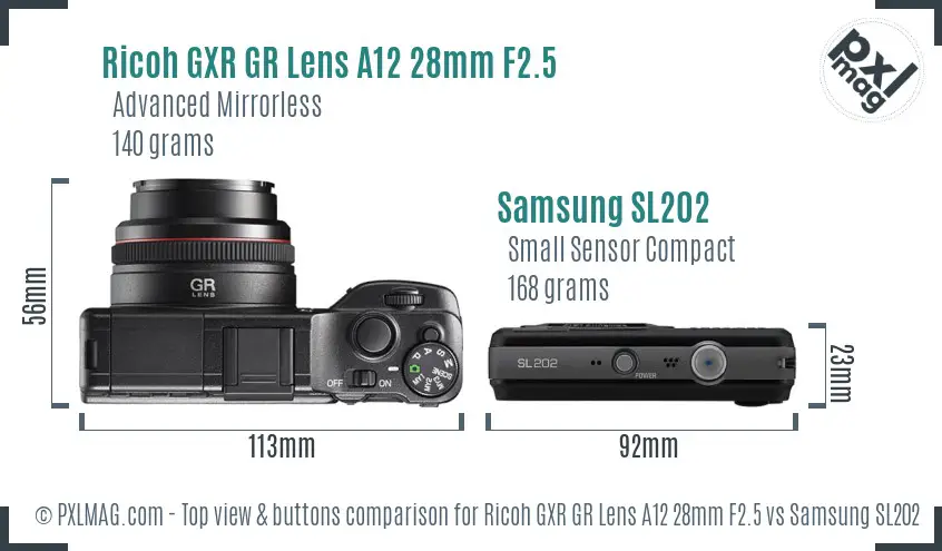 Ricoh GXR GR Lens A12 28mm F2.5 vs Samsung SL202 top view buttons comparison