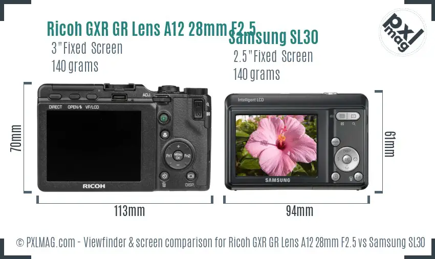 Ricoh GXR GR Lens A12 28mm F2.5 vs Samsung SL30 Screen and Viewfinder comparison