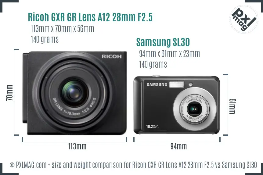 Ricoh GXR GR Lens A12 28mm F2.5 vs Samsung SL30 size comparison