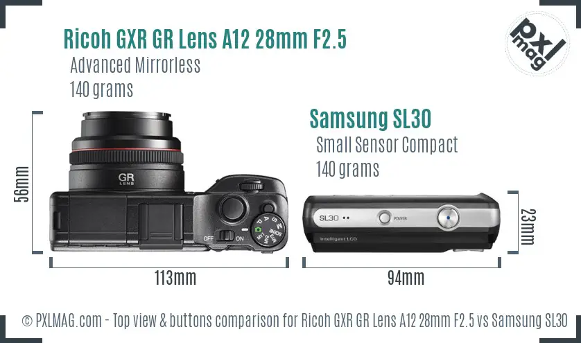 Ricoh GXR GR Lens A12 28mm F2.5 vs Samsung SL30 top view buttons comparison