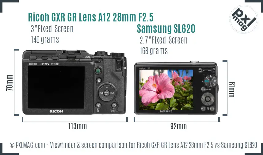 Ricoh GXR GR Lens A12 28mm F2.5 vs Samsung SL620 Screen and Viewfinder comparison