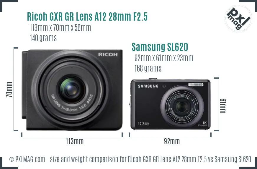Ricoh GXR GR Lens A12 28mm F2.5 vs Samsung SL620 size comparison