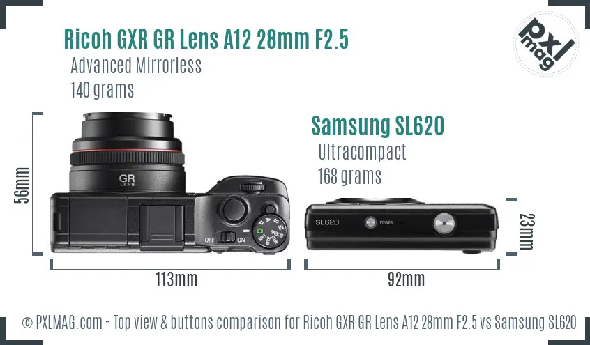 Ricoh GXR GR Lens A12 28mm F2.5 vs Samsung SL620 top view buttons comparison