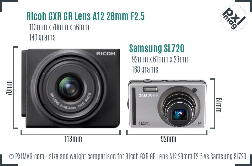 Ricoh GXR GR Lens A12 28mm F2.5 vs Samsung SL720 size comparison