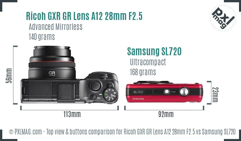 Ricoh GXR GR Lens A12 28mm F2.5 vs Samsung SL720 top view buttons comparison