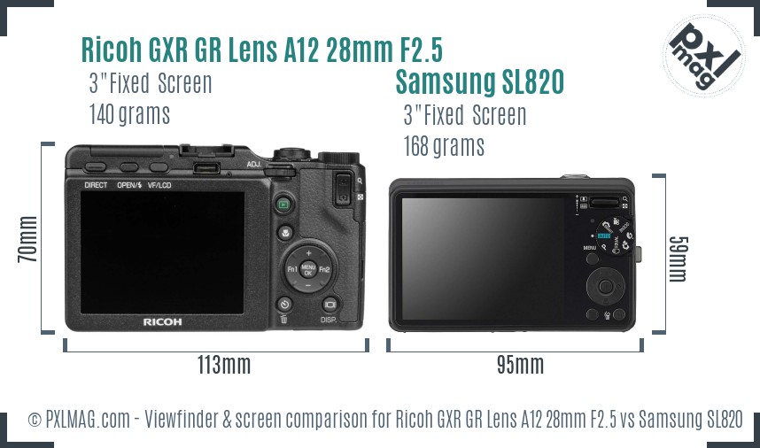 Ricoh GXR GR Lens A12 28mm F2.5 vs Samsung SL820 Screen and Viewfinder comparison