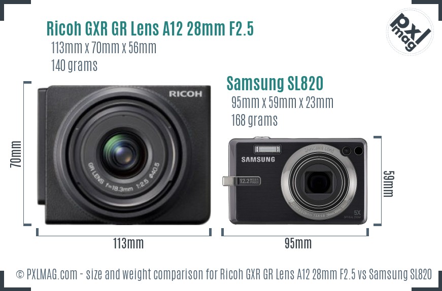 Ricoh GXR GR Lens A12 28mm F2.5 vs Samsung SL820 size comparison