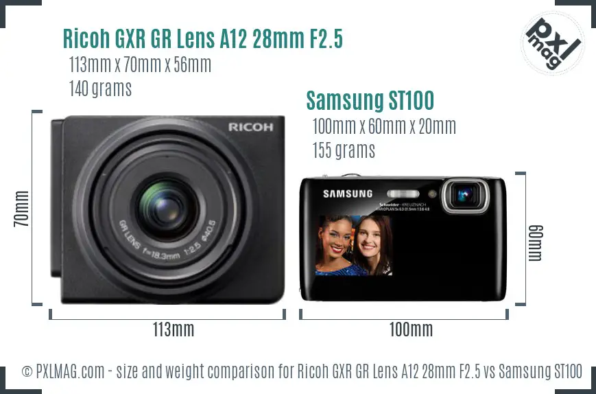 Ricoh GXR GR Lens A12 28mm F2.5 vs Samsung ST100 size comparison
