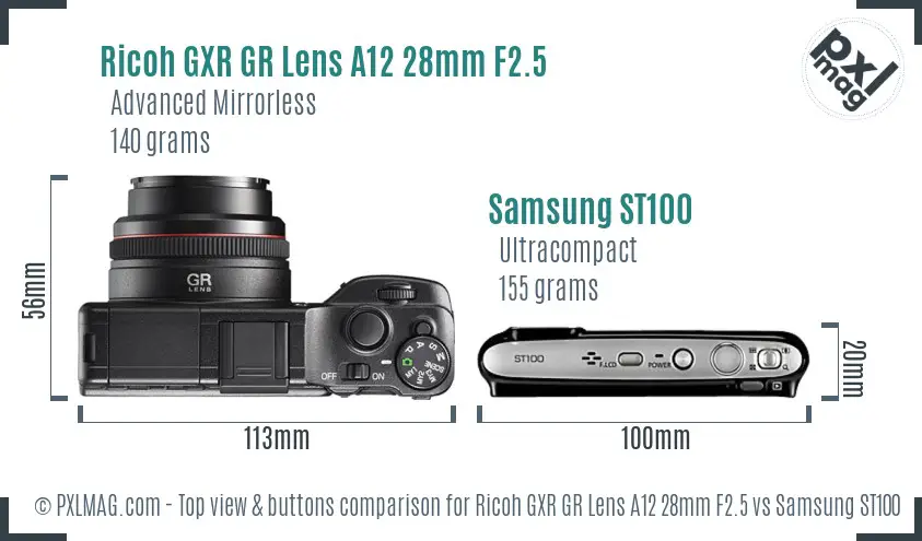 Ricoh GXR GR Lens A12 28mm F2.5 vs Samsung ST100 top view buttons comparison