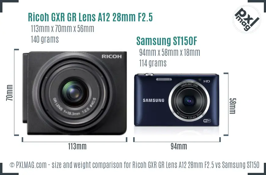 Ricoh GXR GR Lens A12 28mm F2.5 vs Samsung ST150F size comparison