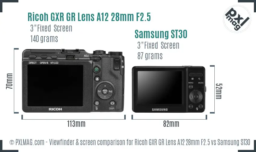 Ricoh GXR GR Lens A12 28mm F2.5 vs Samsung ST30 Screen and Viewfinder comparison