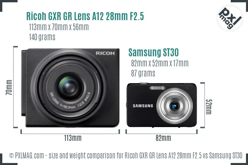 Ricoh GXR GR Lens A12 28mm F2.5 vs Samsung ST30 size comparison