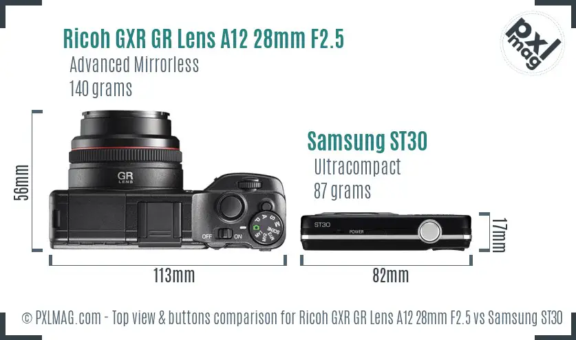 Ricoh GXR GR Lens A12 28mm F2.5 vs Samsung ST30 top view buttons comparison