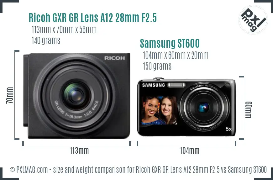 Ricoh GXR GR Lens A12 28mm F2.5 vs Samsung ST600 size comparison