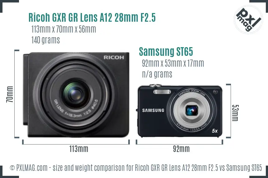 Ricoh GXR GR Lens A12 28mm F2.5 vs Samsung ST65 size comparison