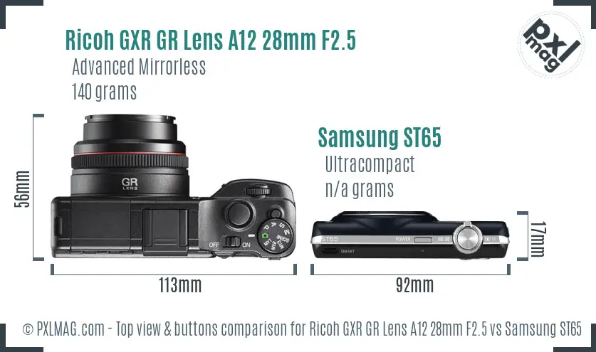 Ricoh GXR GR Lens A12 28mm F2.5 vs Samsung ST65 top view buttons comparison