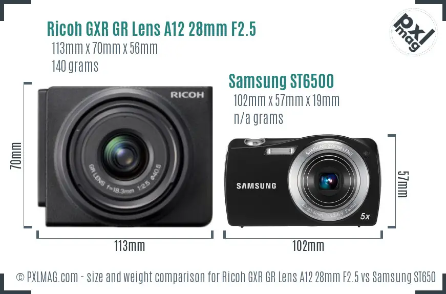 Ricoh GXR GR Lens A12 28mm F2.5 vs Samsung ST6500 size comparison