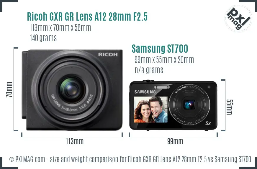 Ricoh GXR GR Lens A12 28mm F2.5 vs Samsung ST700 size comparison