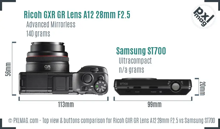 Ricoh GXR GR Lens A12 28mm F2.5 vs Samsung ST700 top view buttons comparison
