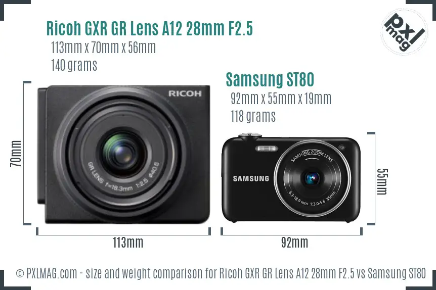 Ricoh GXR GR Lens A12 28mm F2.5 vs Samsung ST80 size comparison