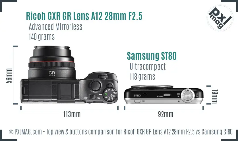 Ricoh GXR GR Lens A12 28mm F2.5 vs Samsung ST80 top view buttons comparison