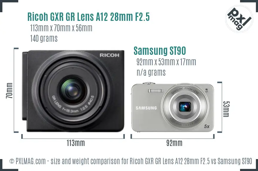 Ricoh GXR GR Lens A12 28mm F2.5 vs Samsung ST90 size comparison