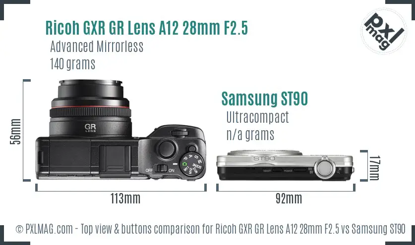 Ricoh GXR GR Lens A12 28mm F2.5 vs Samsung ST90 top view buttons comparison