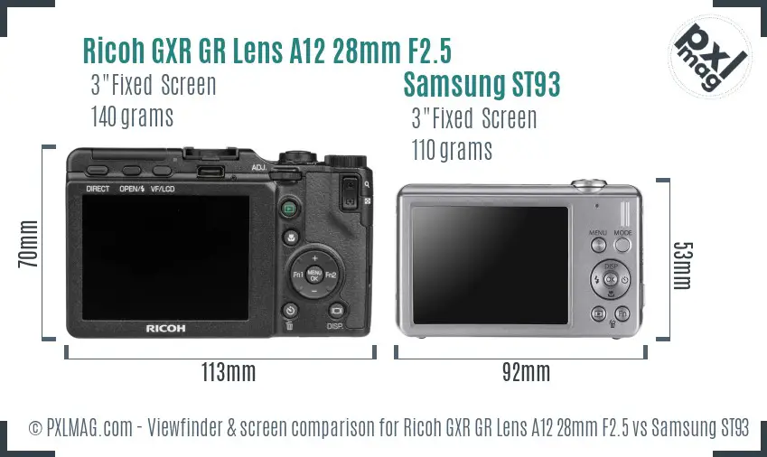 Ricoh GXR GR Lens A12 28mm F2.5 vs Samsung ST93 Screen and Viewfinder comparison