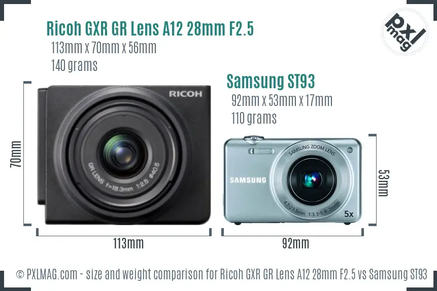 Ricoh GXR GR Lens A12 28mm F2.5 vs Samsung ST93 size comparison