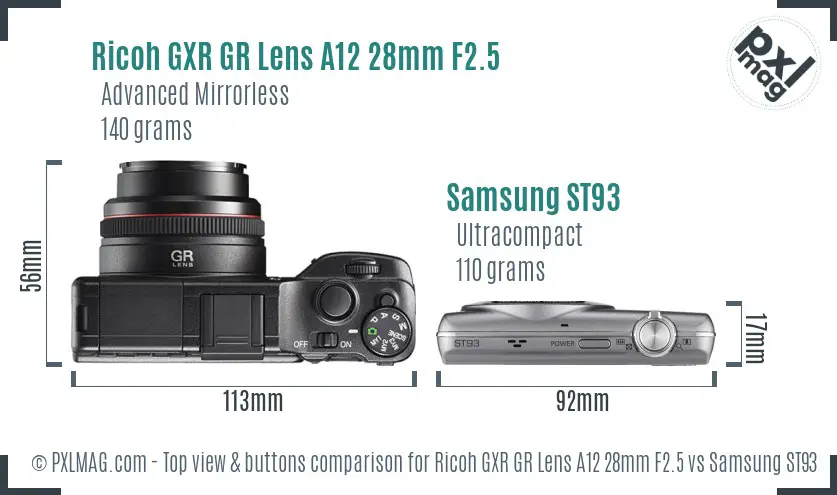 Ricoh GXR GR Lens A12 28mm F2.5 vs Samsung ST93 top view buttons comparison