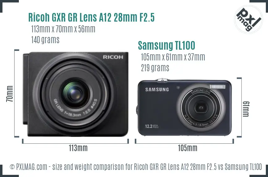Ricoh GXR GR Lens A12 28mm F2.5 vs Samsung TL100 size comparison