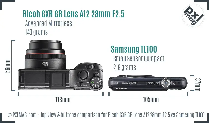 Ricoh GXR GR Lens A12 28mm F2.5 vs Samsung TL100 top view buttons comparison
