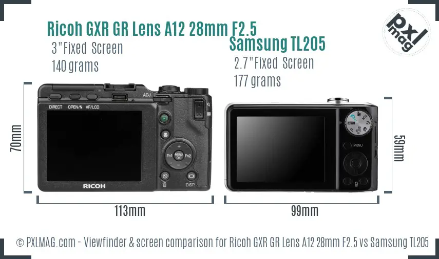 Ricoh GXR GR Lens A12 28mm F2.5 vs Samsung TL205 Screen and Viewfinder comparison
