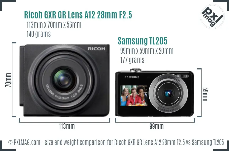 Ricoh GXR GR Lens A12 28mm F2.5 vs Samsung TL205 size comparison