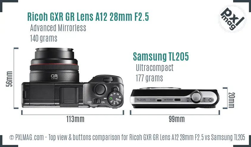 Ricoh GXR GR Lens A12 28mm F2.5 vs Samsung TL205 top view buttons comparison