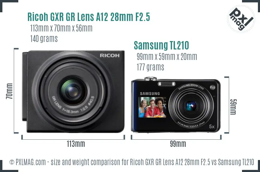Ricoh GXR GR Lens A12 28mm F2.5 vs Samsung TL210 size comparison