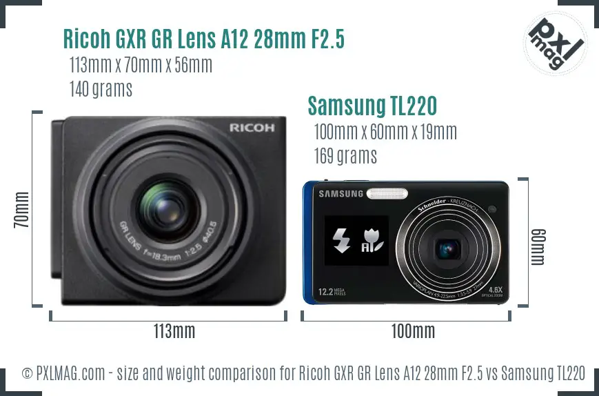 Ricoh GXR GR Lens A12 28mm F2.5 vs Samsung TL220 size comparison