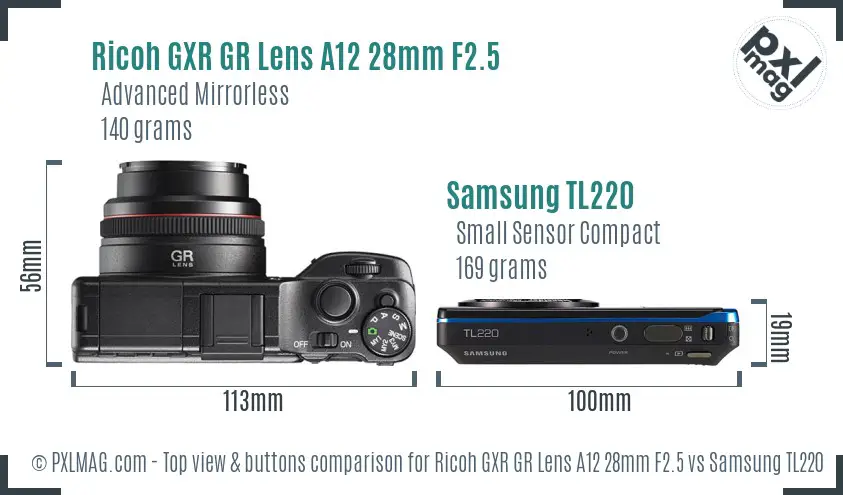 Ricoh GXR GR Lens A12 28mm F2.5 vs Samsung TL220 top view buttons comparison