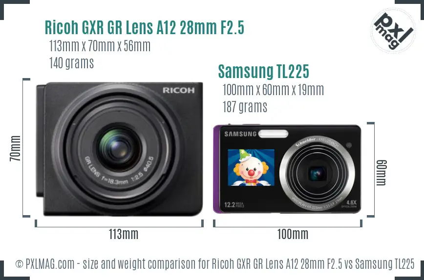 Ricoh GXR GR Lens A12 28mm F2.5 vs Samsung TL225 size comparison