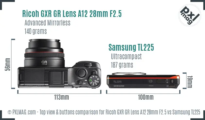 Ricoh GXR GR Lens A12 28mm F2.5 vs Samsung TL225 top view buttons comparison