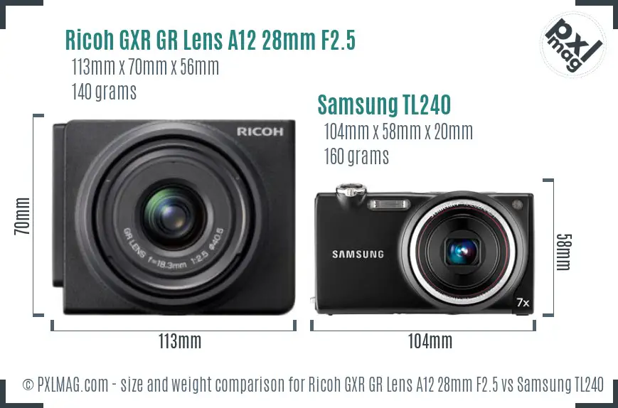 Ricoh GXR GR Lens A12 28mm F2.5 vs Samsung TL240 size comparison