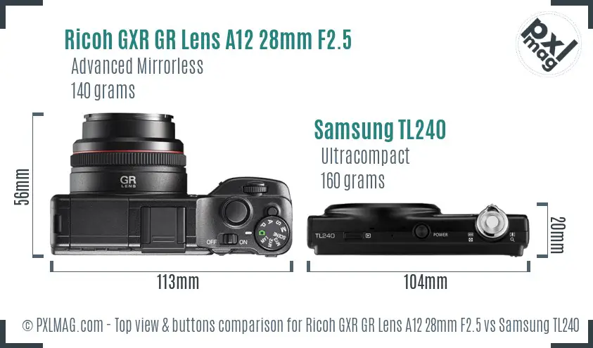 Ricoh GXR GR Lens A12 28mm F2.5 vs Samsung TL240 top view buttons comparison